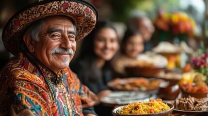 Fototapeta premium mexican family gathered around a festive table adorned with traditional dishes celebrating togetherness and cultural heritage