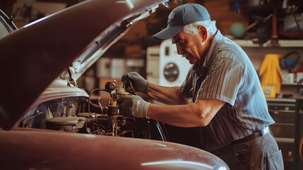 An elderly hispanic man repairs a classic car in a cozy garage surrounded by tools and auto parts showing focus and expertise in automotive work