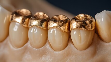 A lower set of teeth restored with shiny gold dental crowns in a natural fit