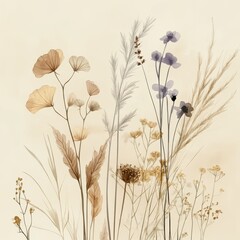 Naklejka premium Watercolor Botanical Illustration with Dried Flowers, Delicate Foliage, and Grasses on Beige Background.