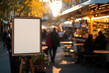 Blank Signboard Mockup in a Busy Outdoor Cafe Setting with Warm Sunset Lighting.