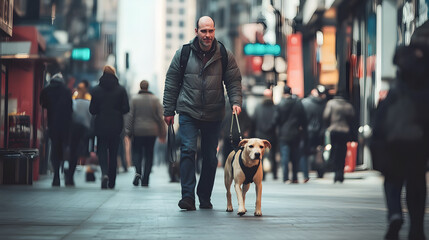 A man confidently walks a guide dog on a busy street, blending with the crowd while relying on his canine companion for support and navigation