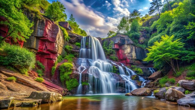Breathtaking Ruby Falls tumbles gracefully through natural rock formations, embraced by vibrant greenery that enhances the beauty of this stunning waterfall experience.