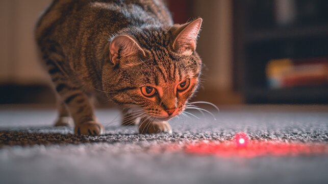 House cat stalking a laser pointer dot on the carpet, a common playful scene in homes worldwide.