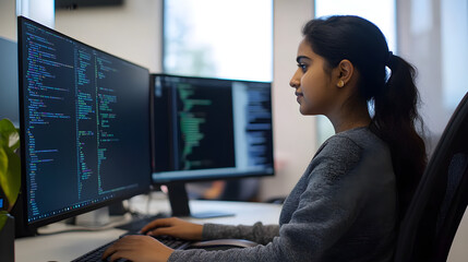 Confident female coder of Indian descent working on dual screens in a modern office environment surrounded by technology and greenery