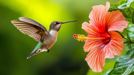 Hummingbird hovering near a bright hibiscus flower, its wings a blur, capturing the rapid motion and beauty of nature.