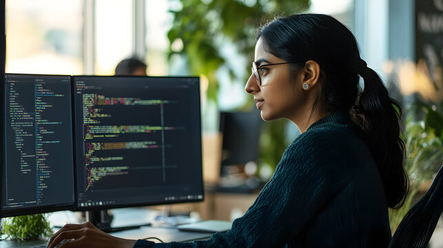 A confident female coder of Indian descent works intently at her computer, coding in a modern office environment surrounded by plants and natural light