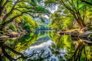 River's calm waters reflect majestic overhanging branches, weathered rocks, and lush greenery, creating mirror-like symmetry in peaceful scene.