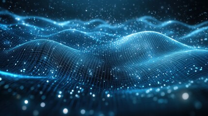 Abstract Blue Grid Network Background with Glowing Lights and Bokeh Effect.