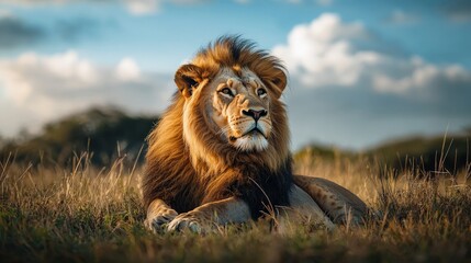 Majestic lion lying in the savannah grass, surveying its territory with a calm, regal gaze under the African sky.