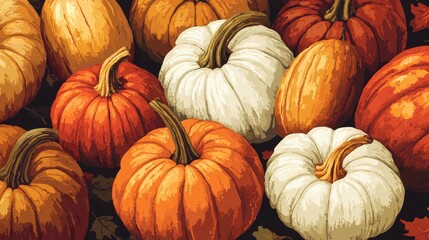 Diverse pumpkin illustrations featuring an array of colors and sizes ideal for autumn and harvest designs