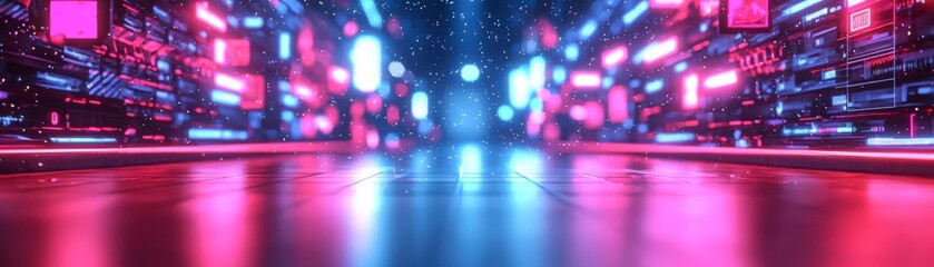 Futuristic digital space with neon lights and reflections on the floor.