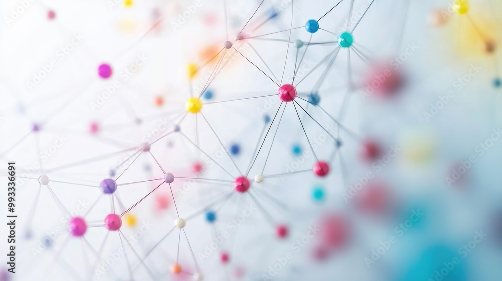 Aufkleber vibrant network of connected nodes featuring colorful dots against a softly blurred white backdrop