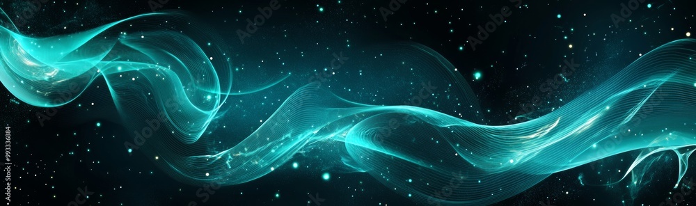 Poster neon dynamic flow waves illuminated by a light blue gradient and blurred light background