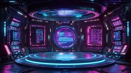 Obraz premium Futuristic Sci-Fi Interior with Neon Lights and Circular Platform - Cyberpunk Background