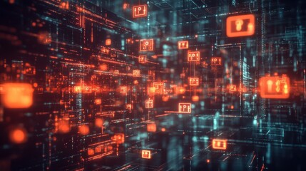 Obraz premium Abstract Digital Data Network with Orange Glowing Squares and Lines.