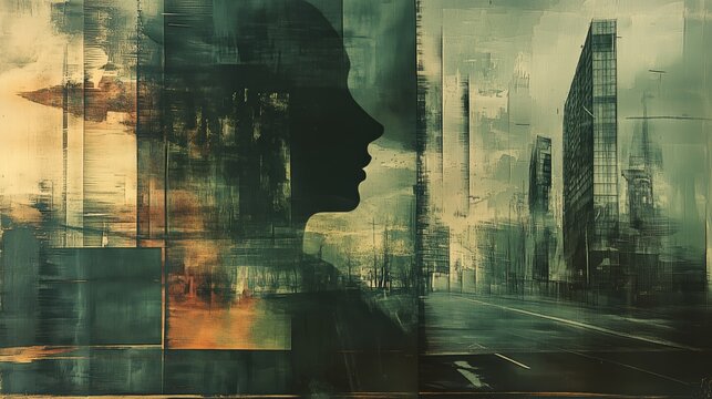 This evocative grunge-style illustration captures the essence of urban life through the fusion of a human silhouette with a cityscape.