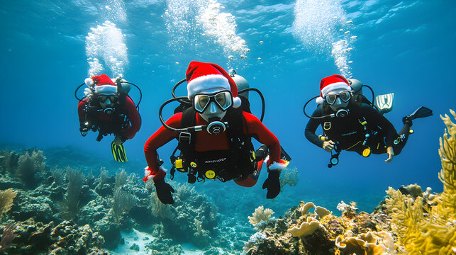 Scuba divers explore a vibrant coral reef wearing festive Santa hats, showcasing an underwater holiday adventure full of joy and wonder