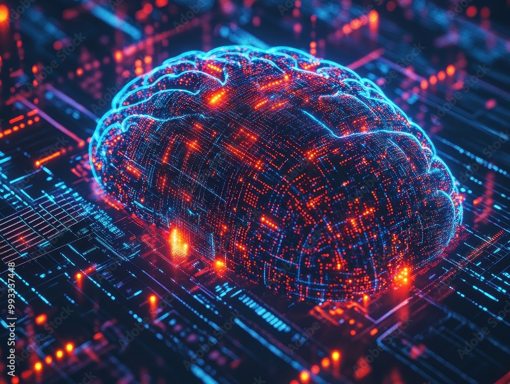 Poster 3d rendering of a digital brain on a circuit board with red and blue lights.