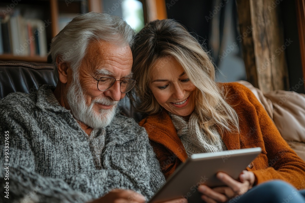 Wall mural woman couple senior man happy internet love tablet together mature active elderly retirement computer technology online using caucasian home adult family, Generative AI