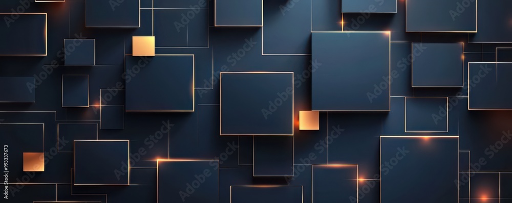 Poster abstract geometric design with dark blue background featuring glowing squares and rectangles for mod