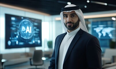 Man in suit and keffiyeh stands near AI display.