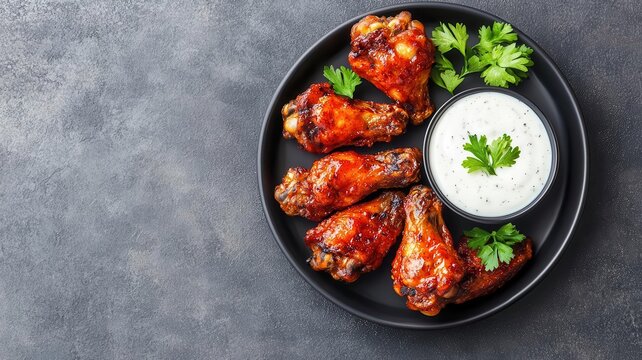 A plate of grilled chicken wings marinated in a spicy buffalo sauce, served with ranch dressing, buffalo grilled wings, spicy appetizer