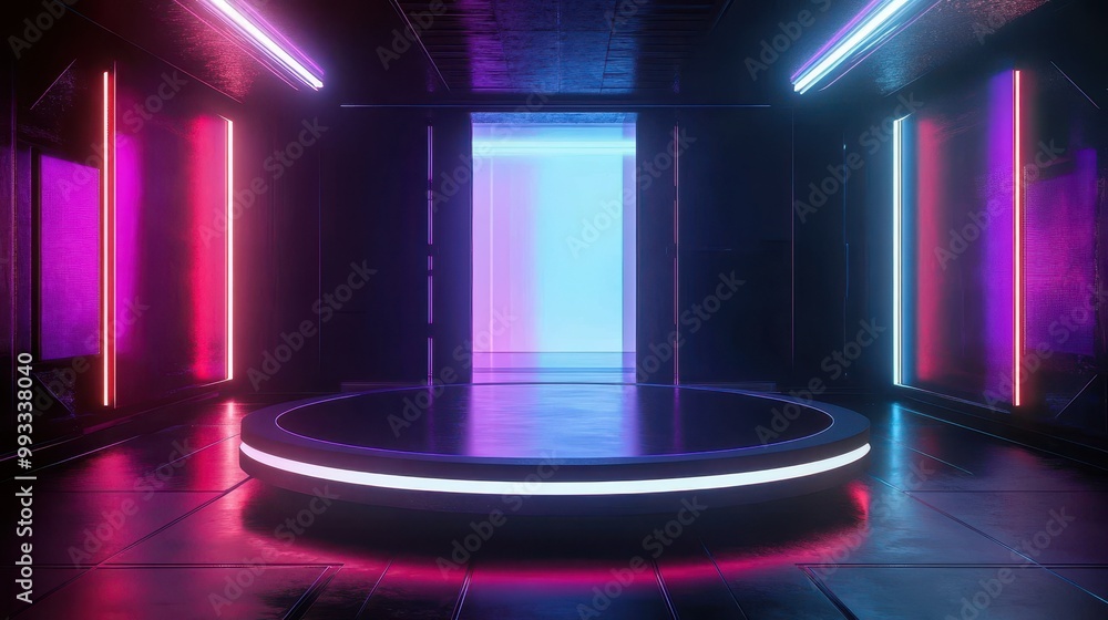 Poster futuristic neon room with illuminated platform for product display and mockups.