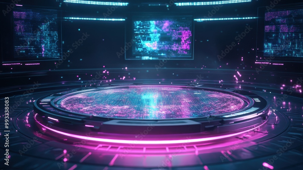 Poster futuristic sci-fi platform with neon lights and code screens.