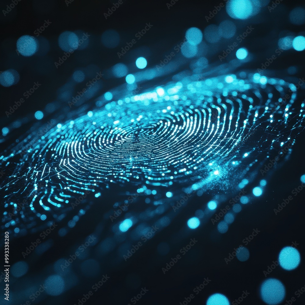 Poster abstract fingerprint pattern with blue bokeh lights - cybersecurity, digital identity, and data secu