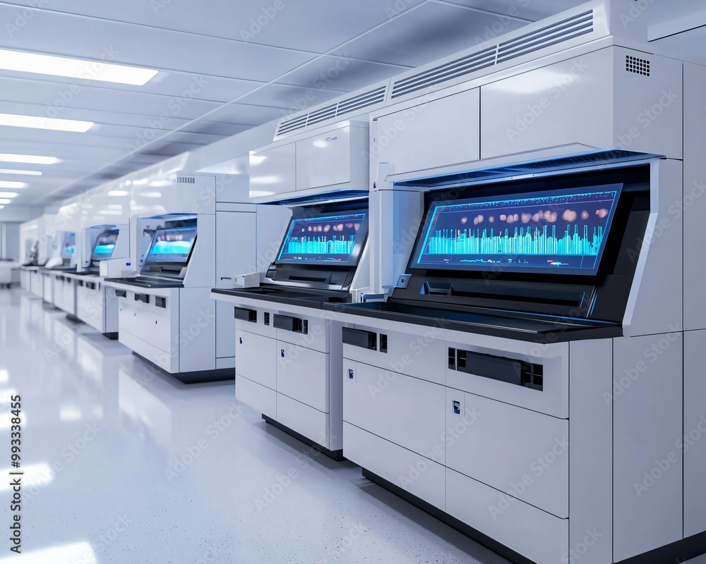 Poster modern laboratory with advanced technology and sleek workstations featuring innovative screens for d