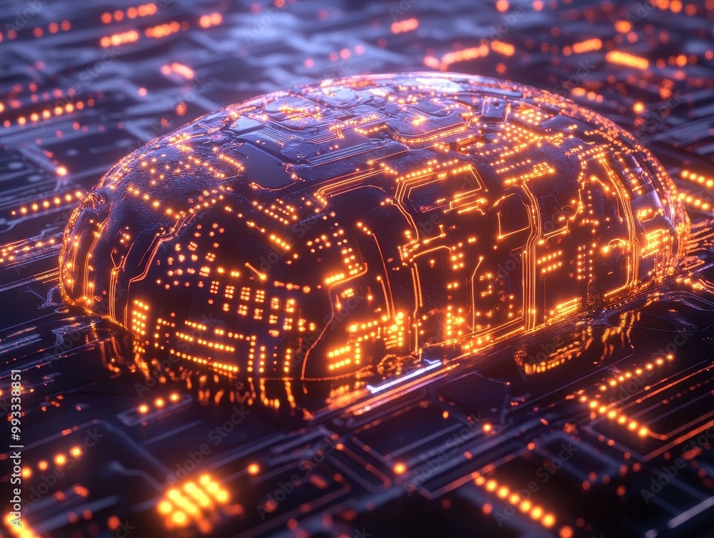 Poster glowing circuit board brain - ai artificial intelligence concept.