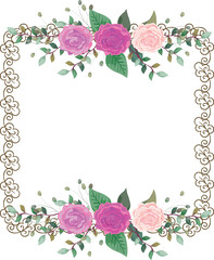 Watercolor floral frame background with golden frame