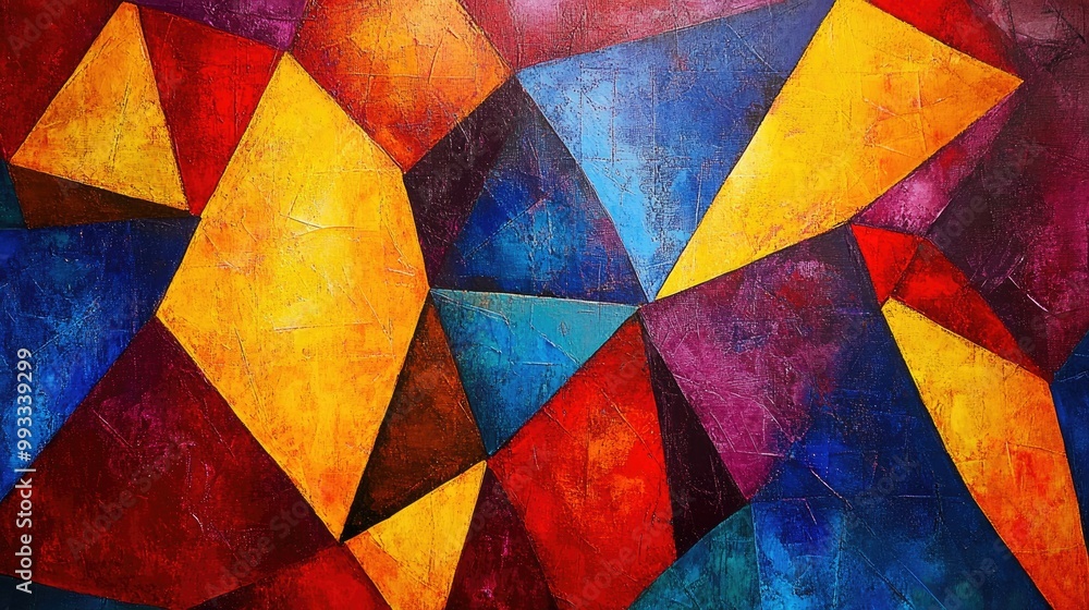 Poster vibrant abstract geometric artwork featuring multicolored triangular shapes in red yellow blue and p