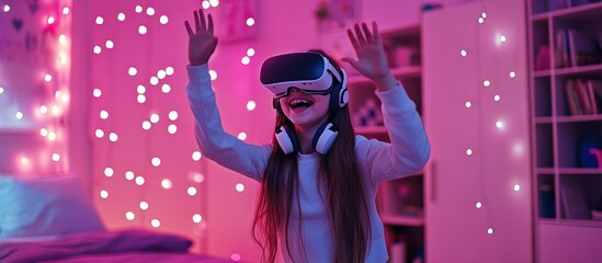 A Young Girl Experiencing Virtual Reality in a Pink Room