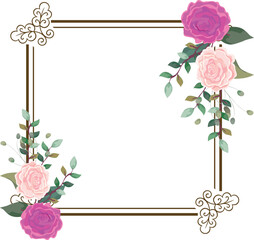 Watercolor floral frame background with golden frame