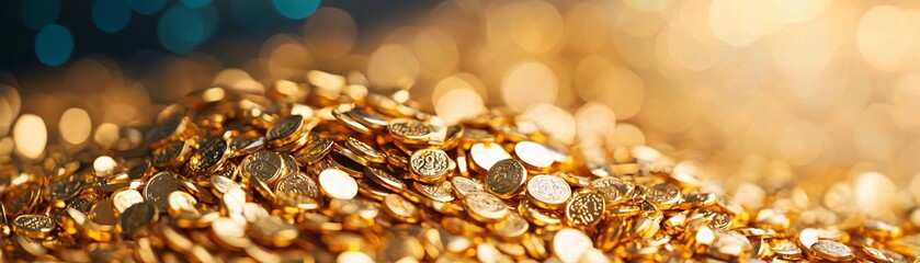 A close-up view of a shimmering pile of gold coins, showcasing their radiant shine and luxurious appeal.