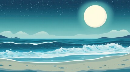 Obraz premium Peaceful Ocean Scene at Night with Full Moon and Stars.