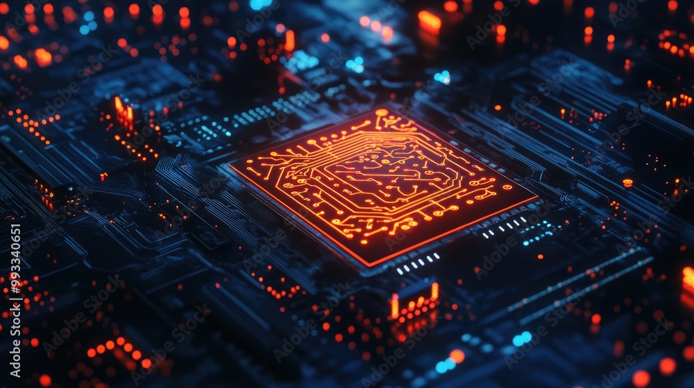 Poster ai chip representing a neuronal network on a circuit board illustrated design