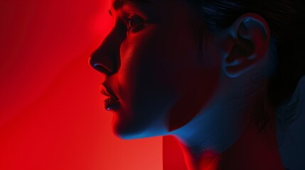 Fototapeta premium Profile Portrait of Woman in Red and Blue Lighting - Dramatic Digital Photography