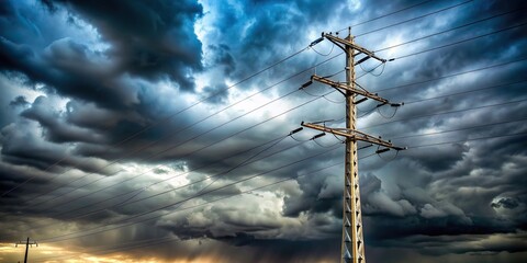 Obraz premium infrastructure, utility, energy, stormy, pole, storm, electric, transmission, power, long shot, technology, weather, A long shot of an electricity pole against a cloudy and stormy background