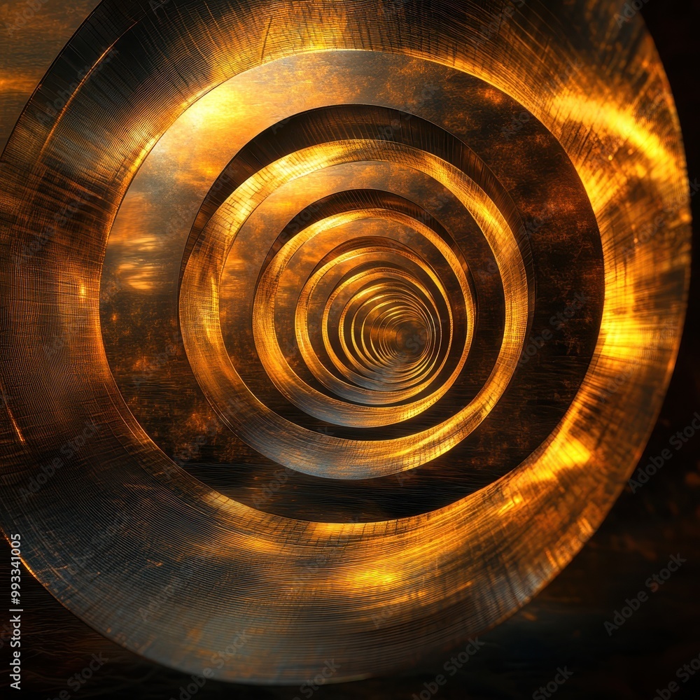 Poster abstract golden tunnel with circular pattern and glowing effect, 3d render.