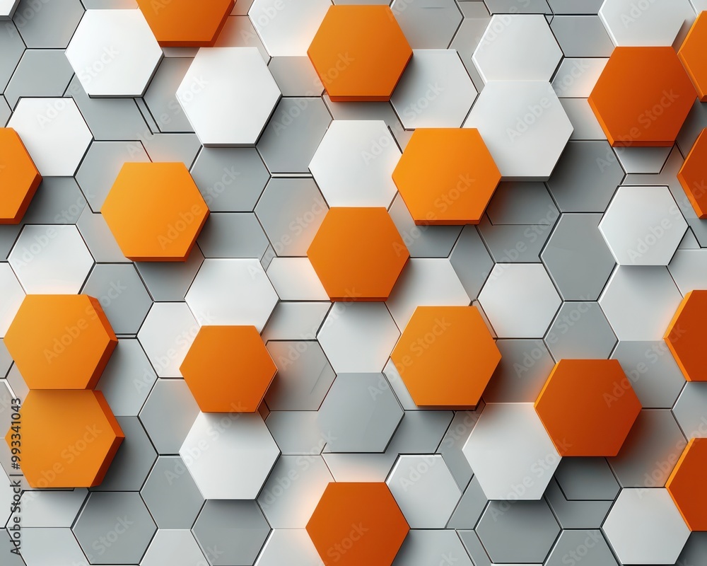 Poster abstract graphic design of orange and white hexagonal shapes creating a modern geometric pattern