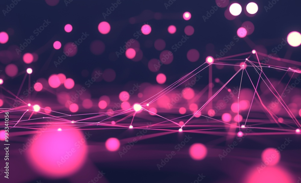 Poster neural network and 3d illustration of big data. polygonal mesh with shallow depth of field effect. d