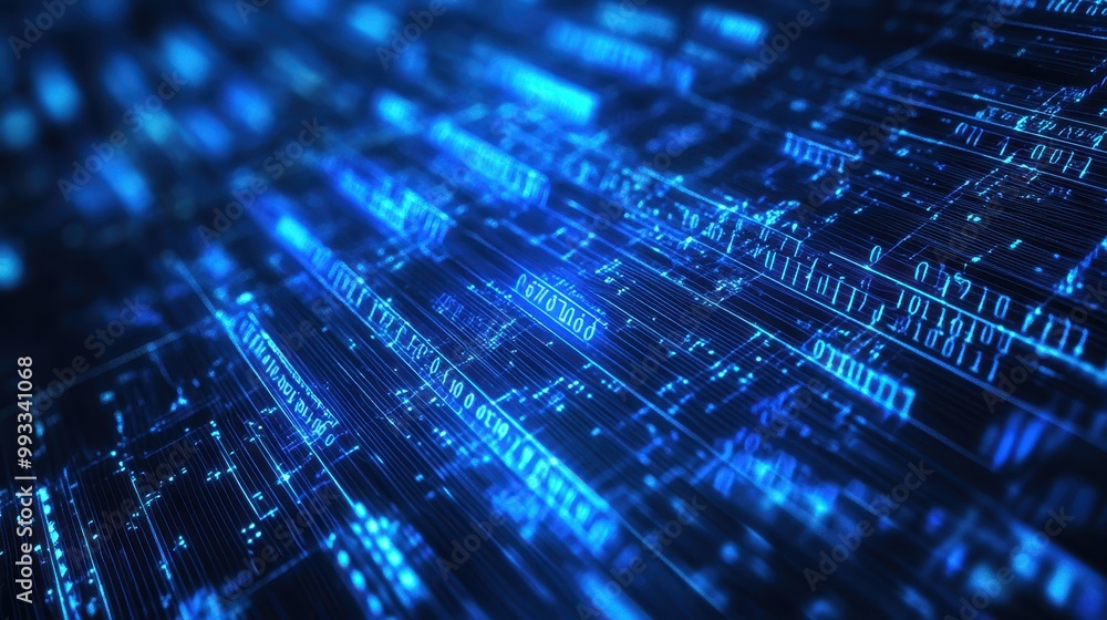 Poster abstract blue digital data lines and numbers - futuristic technology background.