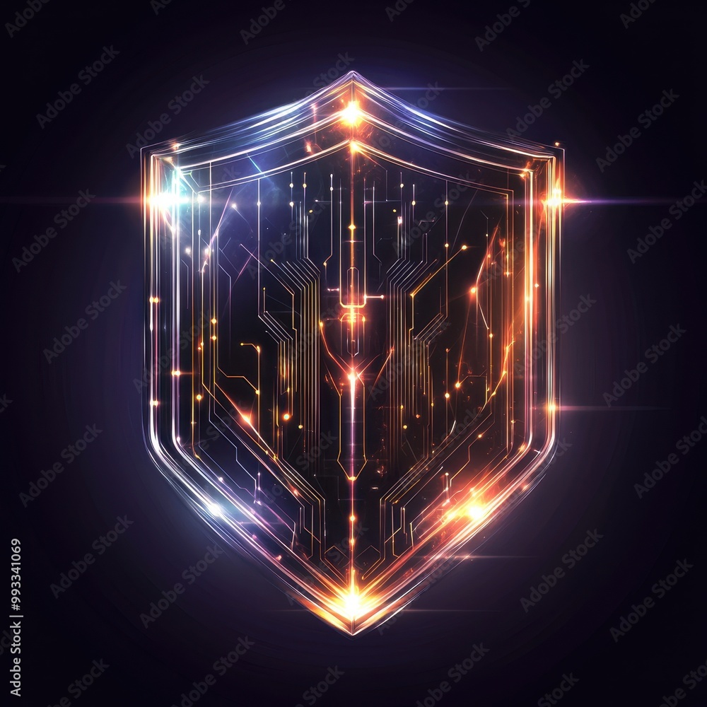 Poster glowing shield with circuit board pattern, digital security concept, abstract technology background.