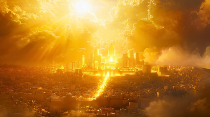 From the heavens descends the New Jerusalem made of gold, descend of God according to Bible. God calls His people to gather, as the divine city touches the earth.