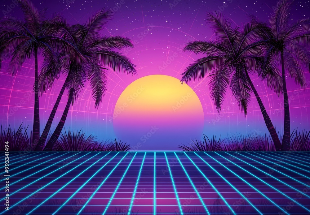 Poster in this background template you will find palm trees, sun and space in a video game. your theme will