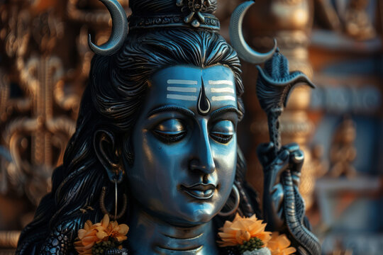 close up horizontal image of a statue of lord shive in an hindu temple