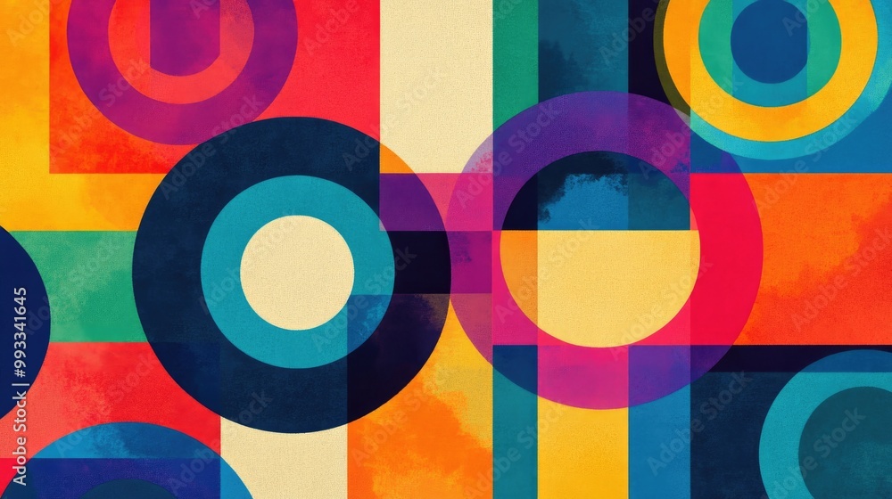 Poster abstract design showcasing overlapping circles and squares in vibrant colors resulting in a harmonio